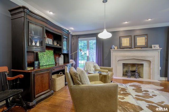 512 Hidden Ln, Peoria, IL 61614 - living area with a fireplace with flush hearth, ornamental molding, and wood finished floors