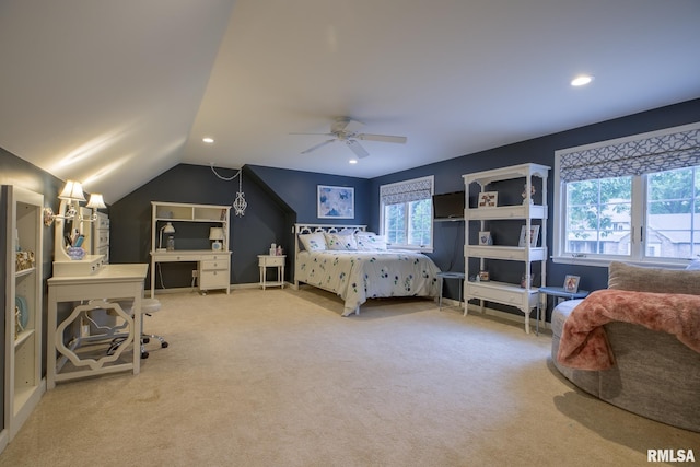 512 Hidden Ln, Peoria, IL 61614 - bedroom featuring vaulted ceiling, carpet, recessed lighting, a ceiling fan, and an office area