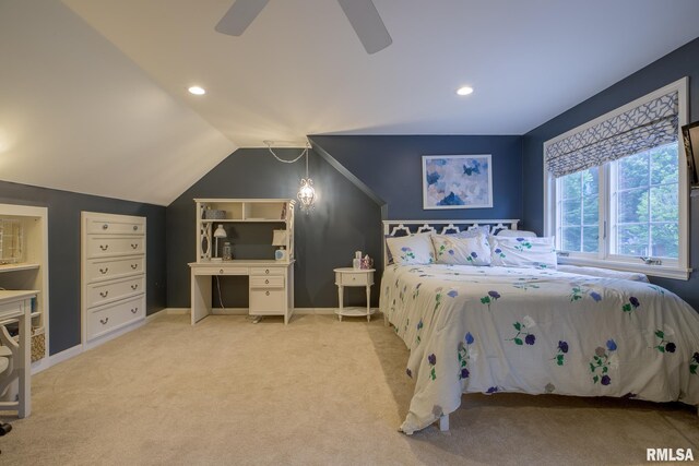 512 Hidden Ln, Peoria, IL 61614 - bedroom with a ceiling fan, light colored carpet, lofted ceiling, and recessed lighting