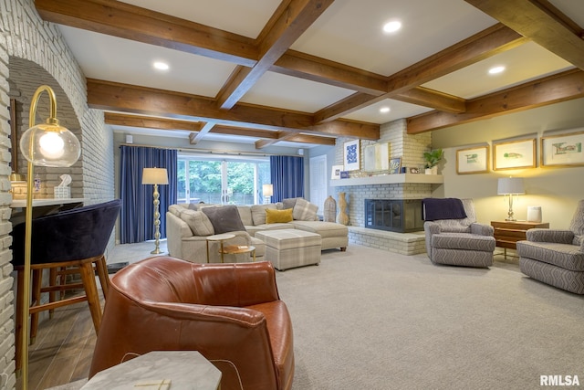 512 Hidden Ln, Peoria, IL 61614 - living room featuring beamed ceiling, a fireplace, coffered ceiling, carpet, and recessed lighting