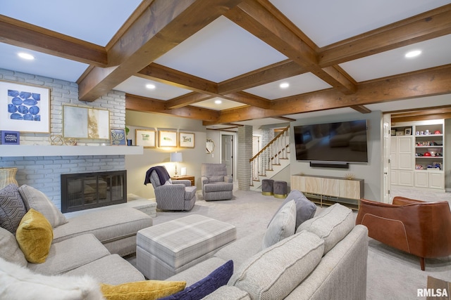 512 Hidden Ln, Peoria, IL 61614 - carpeted living area featuring beam ceiling, stairs, a fireplace, recessed lighting, and coffered ceiling