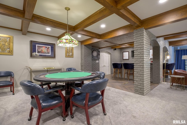 512 Hidden Ln, Peoria, IL 61614 - playroom featuring beamed ceiling, ornate columns, recessed lighting, and carpet flooring