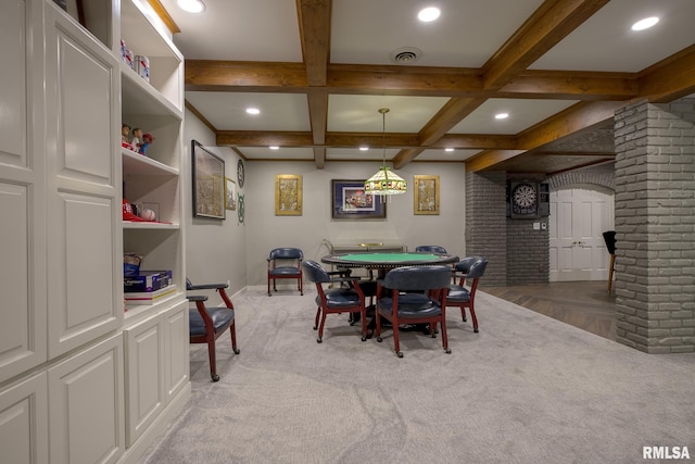 512 Hidden Ln, Peoria, IL 61614 - dining space featuring beam ceiling, recessed lighting, light colored carpet, and coffered ceiling
