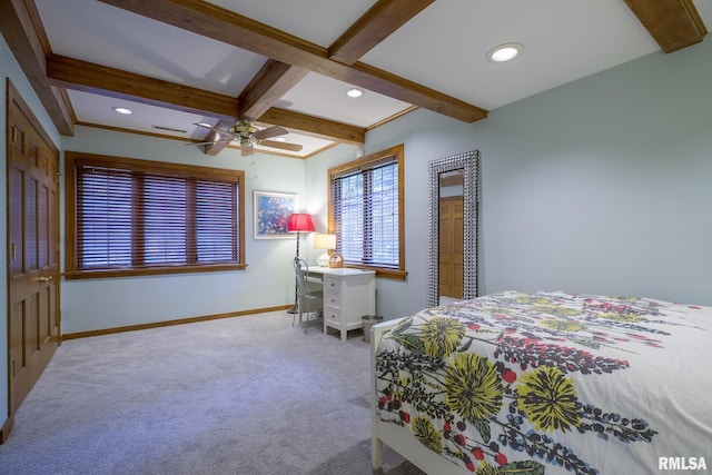 512 Hidden Ln, Peoria, IL 61614 - bedroom featuring carpet, beamed ceiling, recessed lighting, coffered ceiling, and ceiling fan