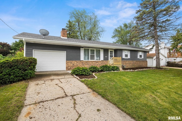 208 W Graze Ave, Dunlap, IL 61525 - ranch-style house featuring an attached garage, brick siding, a chimney, and a front lawn