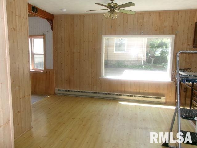102 N Park Ave, Manito, IL 61546 - unfurnished living room with baseboard heating, wood finished floors, ceiling fan, and wooden walls