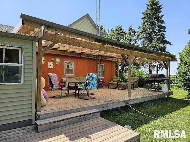 19635 E 800th St, Sciota, IL 61475 - wooden deck with area for grilling, outdoor dining area, and a lawn