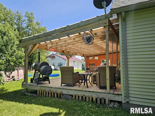 19635 E 800th St, Sciota, IL 61475 - wooden terrace featuring a pergola, a yard, outdoor dining space, and a grill