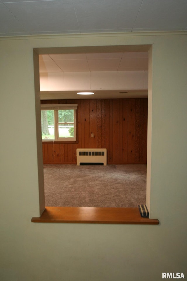 29724 Allentown Rd, Mackinaw, IL 61755 - hallway with radiator heating unit, wood walls, and carpet flooring
