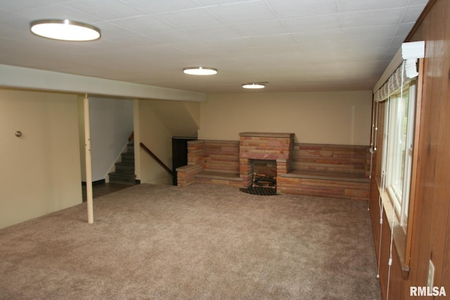 29724 Allentown Rd, Mackinaw, IL 61755 - basement with carpet, stairs, and a fireplace