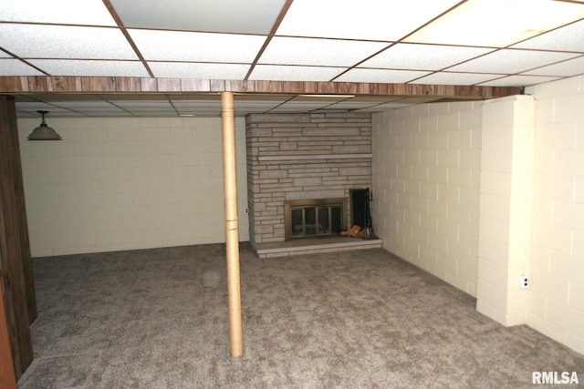 29724 Allentown Rd, Mackinaw, IL 61755 - finished basement with a fireplace, carpet flooring, and concrete block wall