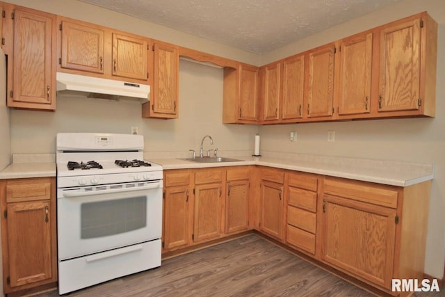 1409 Alton St, Pekin, IL 61554 - kitchen featuring white range with gas stovetop, under cabinet range hood, light countertops, wood finished floors, and a textured ceiling