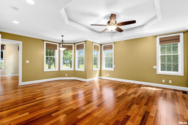 4851 Sheridan Rd, Groveland, IL 61535 - unfurnished room with healthy amount of natural light, crown molding, ceiling fan, a raised ceiling, and wood-type flooring
