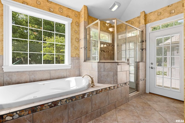 4851 Sheridan Rd, Groveland, IL 61535 - full bath with a bath, a shower stall, tile patterned floors, and lofted ceiling