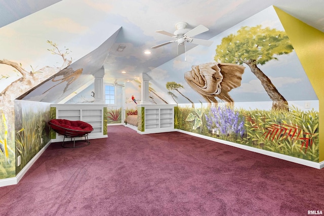 4851 Sheridan Rd, Groveland, IL 61535 - additional living space with vaulted ceiling, a ceiling fan, carpet floors, built in shelves, and recessed lighting