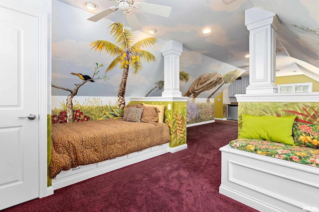 4851 Sheridan Rd, Groveland, IL 61535 - bedroom featuring carpet floors, vaulted ceiling, recessed lighting, decorative columns, and ceiling fan