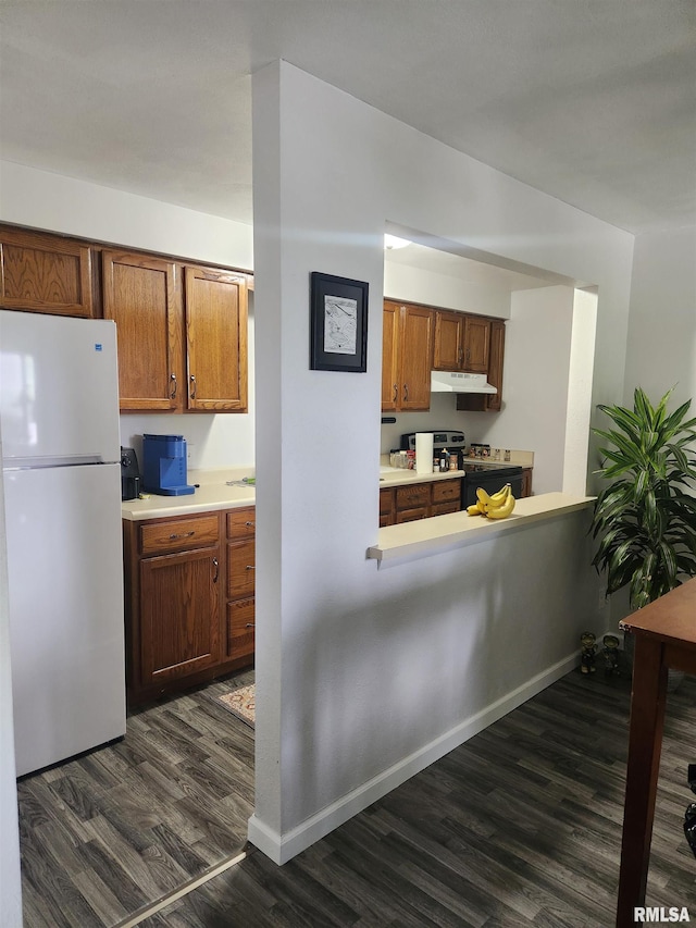 740 E Shore Dr Unit 8, Pekin, IL 61554 - kitchen featuring freestanding refrigerator, under cabinet range hood, electric range oven, dark wood-style flooring, and light countertops