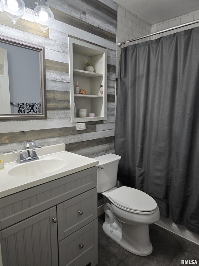 1704 Heisel Ave, Pekin, IL 61554 - full bath with vanity, tile patterned floors, a shower with shower curtain, and wood walls