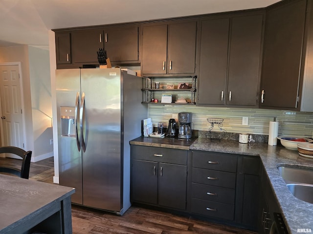 1704 Heisel Ave, Pekin, IL 61554 - kitchen with stainless steel fridge with ice dispenser, dark wood-style flooring, tasteful backsplash, and dark brown cabinets