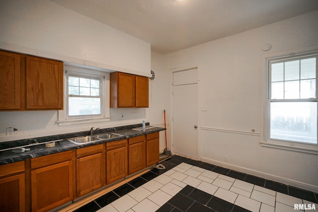 1107 E Frye Ave, Peoria, IL 61603 - kitchen featuring brown cabinetry, dark tile patterned flooring, and dark countertops