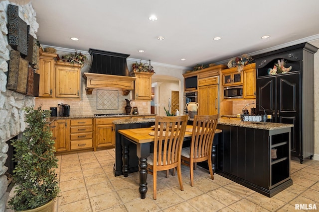 2204 W Pinnacle Dr, Dunlap, IL 61525 - kitchen featuring stainless steel appliances, open shelves, crown molding, arched walkways, and premium range hood