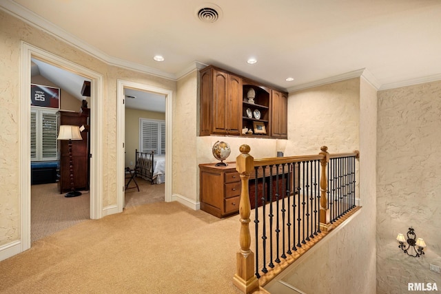 2204 W Pinnacle Dr, Dunlap, IL 61525 - hall featuring light colored carpet, ornamental molding, an upstairs landing, a textured wall, and recessed lighting