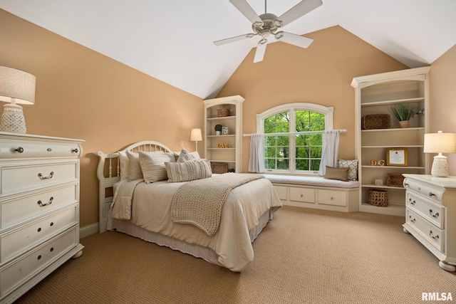 2204 W Pinnacle Dr, Dunlap, IL 61525 - bedroom with light colored carpet, vaulted ceiling, and a ceiling fan