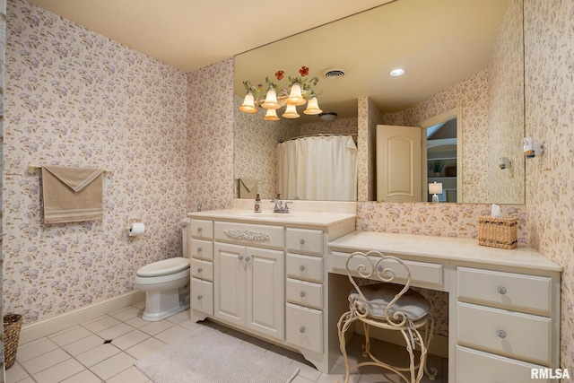 2204 W Pinnacle Dr, Dunlap, IL 61525 - bathroom with tile patterned floors, vanity, wallpapered walls, a shower with shower curtain, and a chandelier