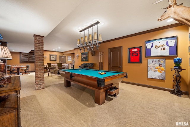 2204 W Pinnacle Dr, Dunlap, IL 61525 - game room with decorative columns, carpet, pool table, a bar, and recessed lighting