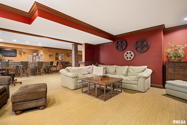 2204 W Pinnacle Dr, Dunlap, IL 61525 - living room with decorative columns, crown molding, carpet, and recessed lighting