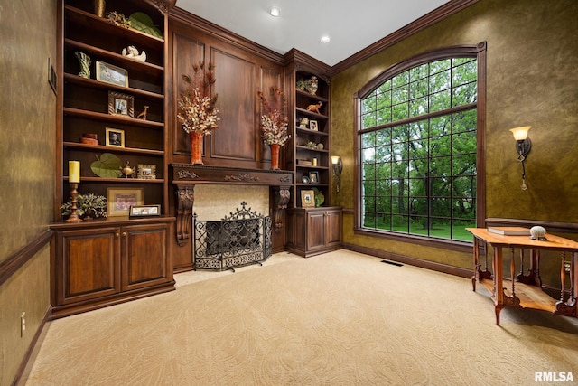 2204 W Pinnacle Dr, Dunlap, IL 61525 - office featuring ornamental molding, built in shelves, and light colored carpet