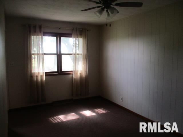 1265 Spring Bay Rd, East Peoria, IL 61611 - empty room featuring ceiling fan, dark colored carpet, and wooden walls