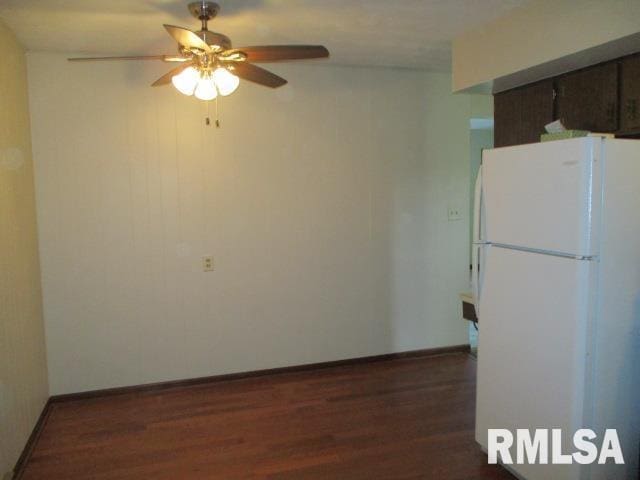 1265 Spring Bay Rd, East Peoria, IL 61611 - kitchen with freestanding refrigerator, ceiling fan, and wood finished floors