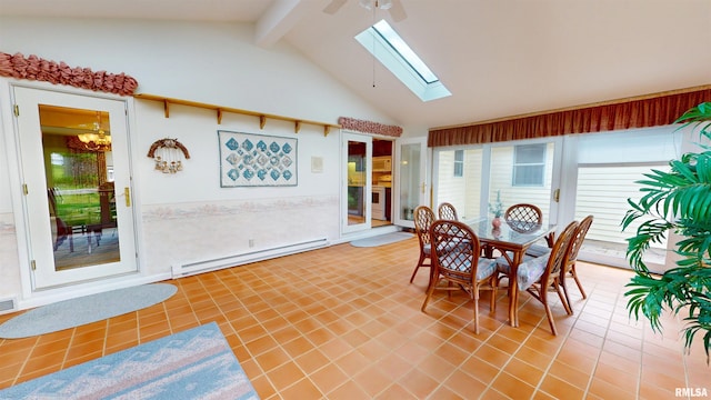 1729 W Willow Wood Dr, Peoria, IL 61614 - sunroom / solarium with a baseboard heating unit, a skylight, tile patterned flooring, beam ceiling, and a chandelier