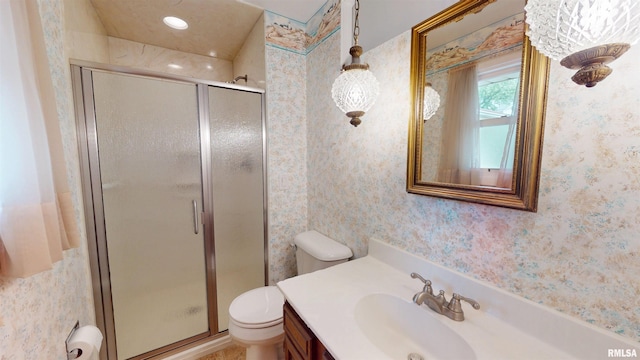 1729 W Willow Wood Dr, Peoria, IL 61614 - full bath with wallpapered walls, vanity, and a shower stall