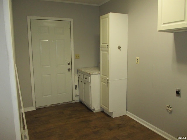 1810 W Latrobe St, Peoria, IL 61605 - washroom with dark wood-type flooring, hookup for an electric dryer, cabinet space, and ornamental molding