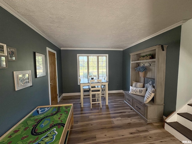 276 E Far Hills Dr, East Peoria, IL 61611 - playroom with wood finished floors, crown molding, and a textured ceiling