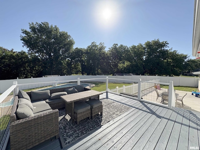 276 E Far Hills Dr, East Peoria, IL 61611 - wooden terrace with a fenced backyard, an outdoor living space, and outdoor dining area