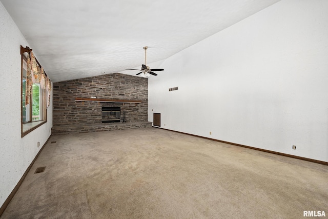 22475 N Main St, Morton, IL 61550 - unfurnished living room with a ceiling fan, lofted ceiling, a fireplace, and carpet