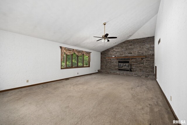 22475 N Main St, Morton, IL 61550 - unfurnished living room with a ceiling fan, carpet floors, vaulted ceiling, and a brick fireplace