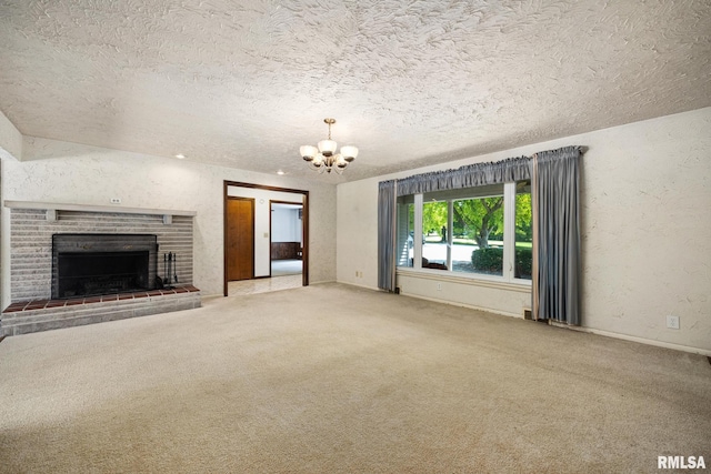 22475 N Main St, Morton, IL 61550 - unfurnished living room featuring a chandelier, a textured ceiling, carpet, a fireplace, and a textured wall