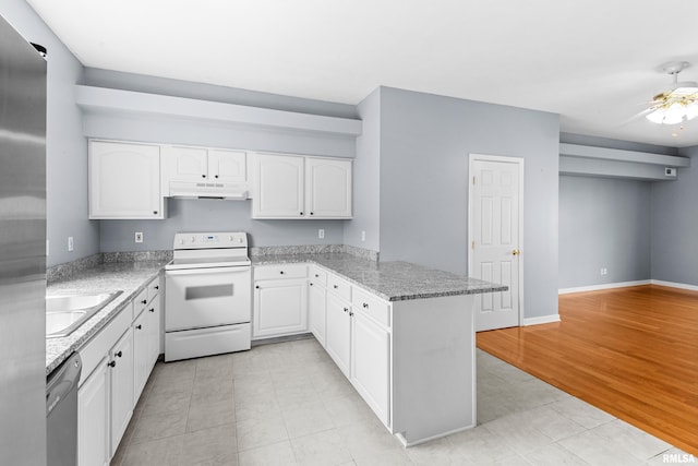 2024 S 2nd Ave, Morton, IL 61550 - kitchen with stainless steel appliances, under cabinet range hood, a peninsula, white cabinets, and ceiling fan