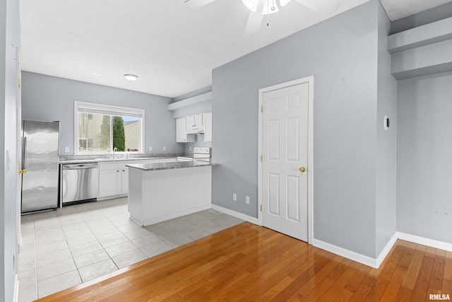 2024 S 2nd Ave, Morton, IL 61550 - kitchen featuring stainless steel appliances, a peninsula, white cabinetry, and a ceiling fan