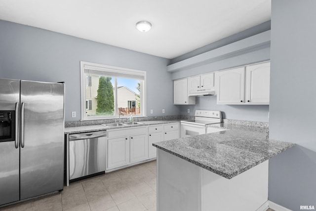 2024 S 2nd Ave, Morton, IL 61550 - kitchen with appliances with stainless steel finishes, under cabinet range hood, a peninsula, white cabinetry, and light stone countertops
