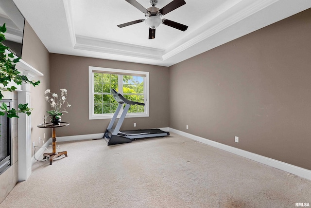 2627 W Lake Pointe Ter, Peoria, IL 61614 - exercise room featuring a raised ceiling, carpet floors, a ceiling fan, and crown molding