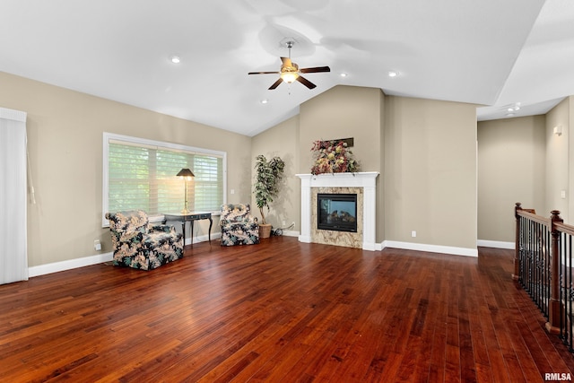 2627 W Lake Pointe Ter, Peoria, IL 61614 - living room with a ceiling fan, hardwood / wood-style flooring, a high end fireplace, lofted ceiling, and recessed lighting