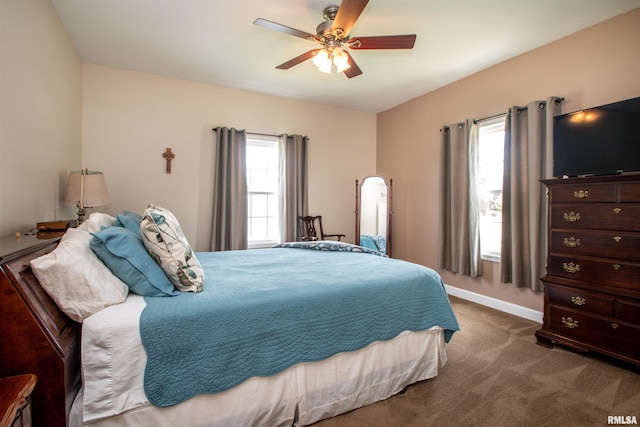2203 W Gerald Ct, Peoria, IL 61615 - bedroom with multiple windows, dark colored carpet, and ceiling fan