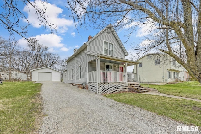 903 E Lake Ave, Peoria Heights, IL 61616 - view of front of property featuring covered porch, an outdoor structure, gravel driveway, a chimney, and a detached garage