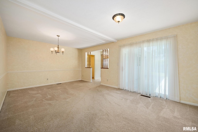 3524 W Saymore Ln, Peoria, IL 61615 - spare room featuring a chandelier, carpet, and beamed ceiling