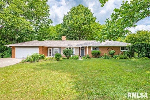 926 Birchwood Dr, Washington, IL 61571 - ranch-style home featuring a garage, brick siding, driveway, a chimney, and a front lawn
